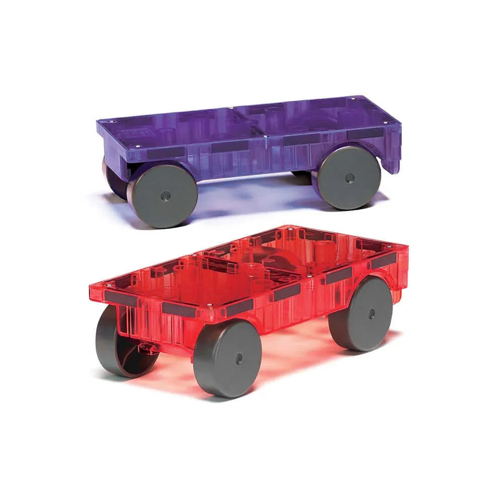 Two transparent toy wagons, one purple and one red