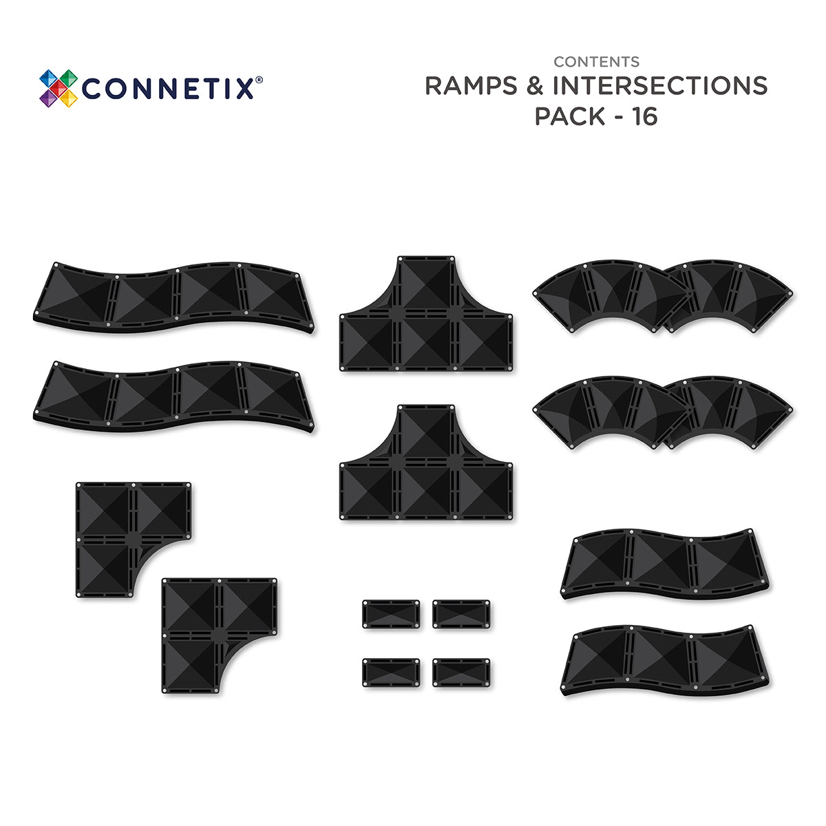 CONNETIX 16 Piece Roads, Ramps & Intersections Pack | Magnetic Tiles