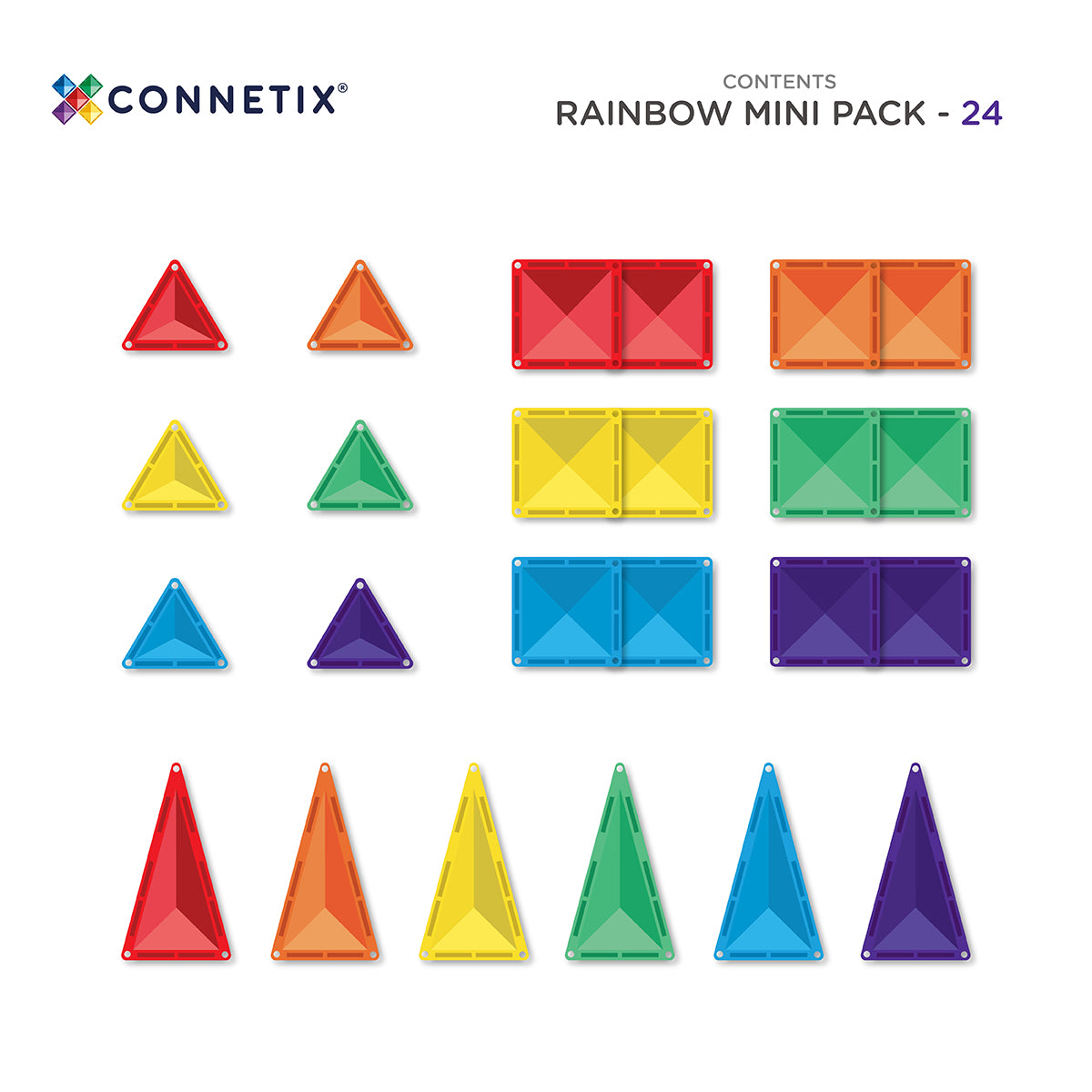 CONNETIX Rainbow Mini Pack 24pc | Magnetic Tiles for Kids 3+