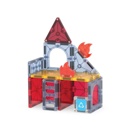 Toy building set with red, blue, and clear pieces