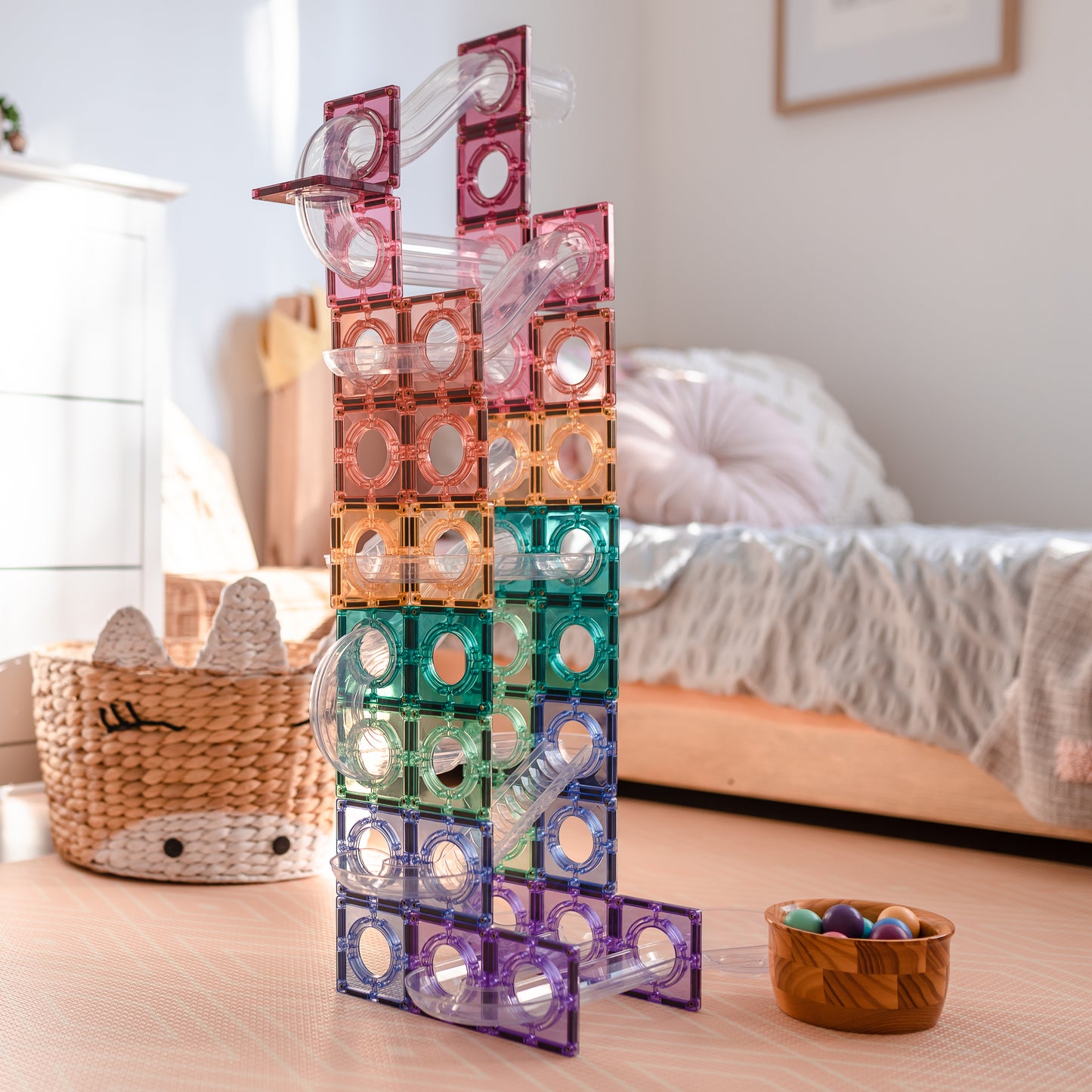 Colorful tower made of interlocking plastic blocks 