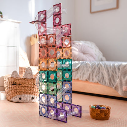 Colorful tower made of interlocking plastic blocks 
