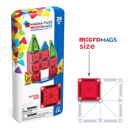 Magna-Tiles microMags toy set packaging with colorful magnetic tiles and size comparison diagram