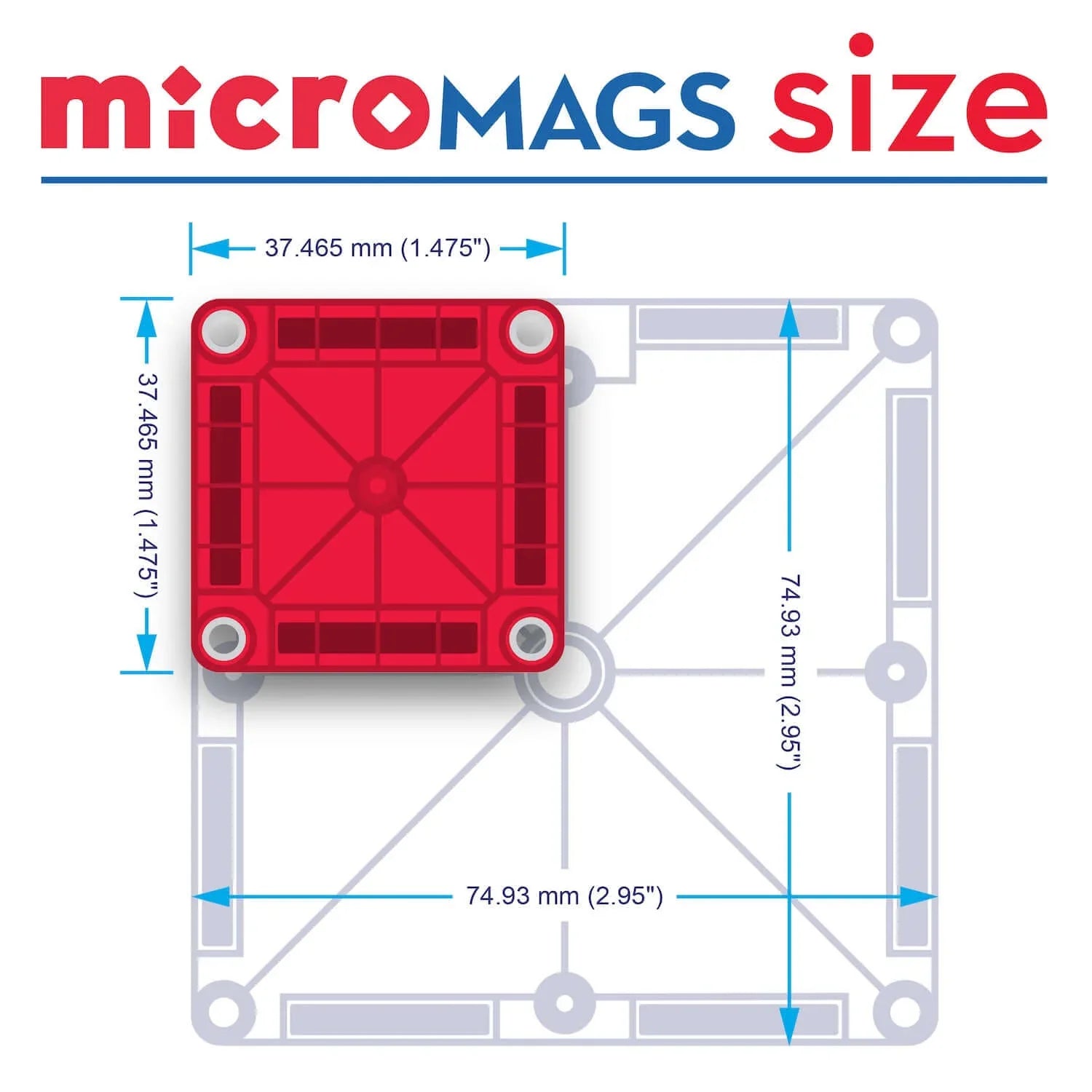 Red rectangular component with dimensions labeled, featuring 'microMAGS size' branding