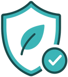 Teal shield icon with a leaf and check mark on a white background