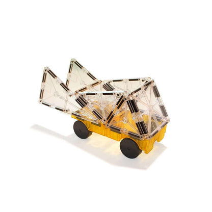 Transparent geometric toy with yellow base and black wheels