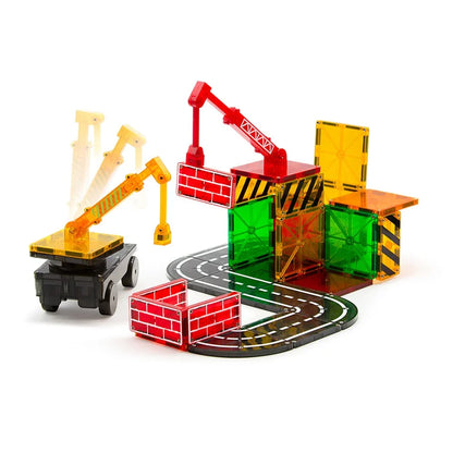 Toy construction set with cranes and road tracks