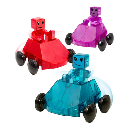 Three transparent toy cars in red, blue, and purple with robot figures inside 