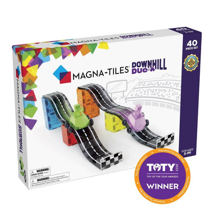 Magna-Tiles Downhill Duo toy set packaging with colorful tiles and track elements 