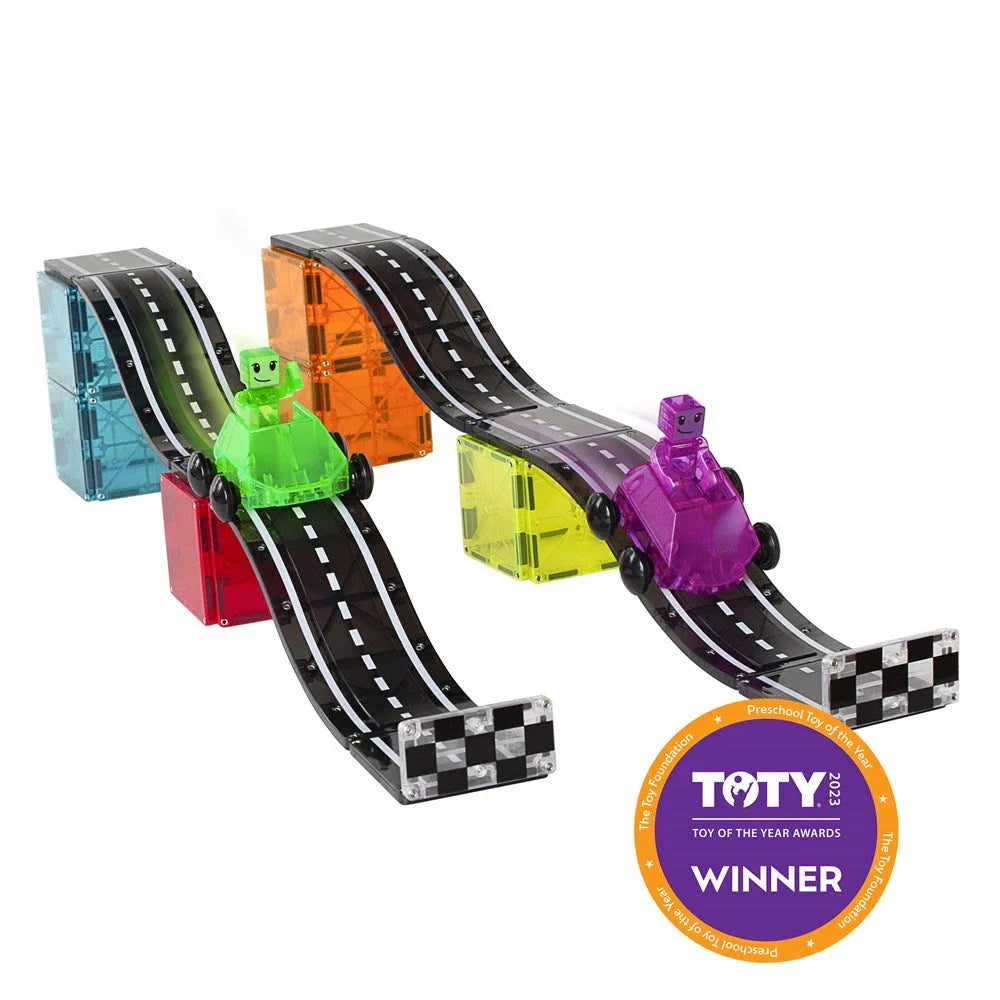 Toy race track set with cars 