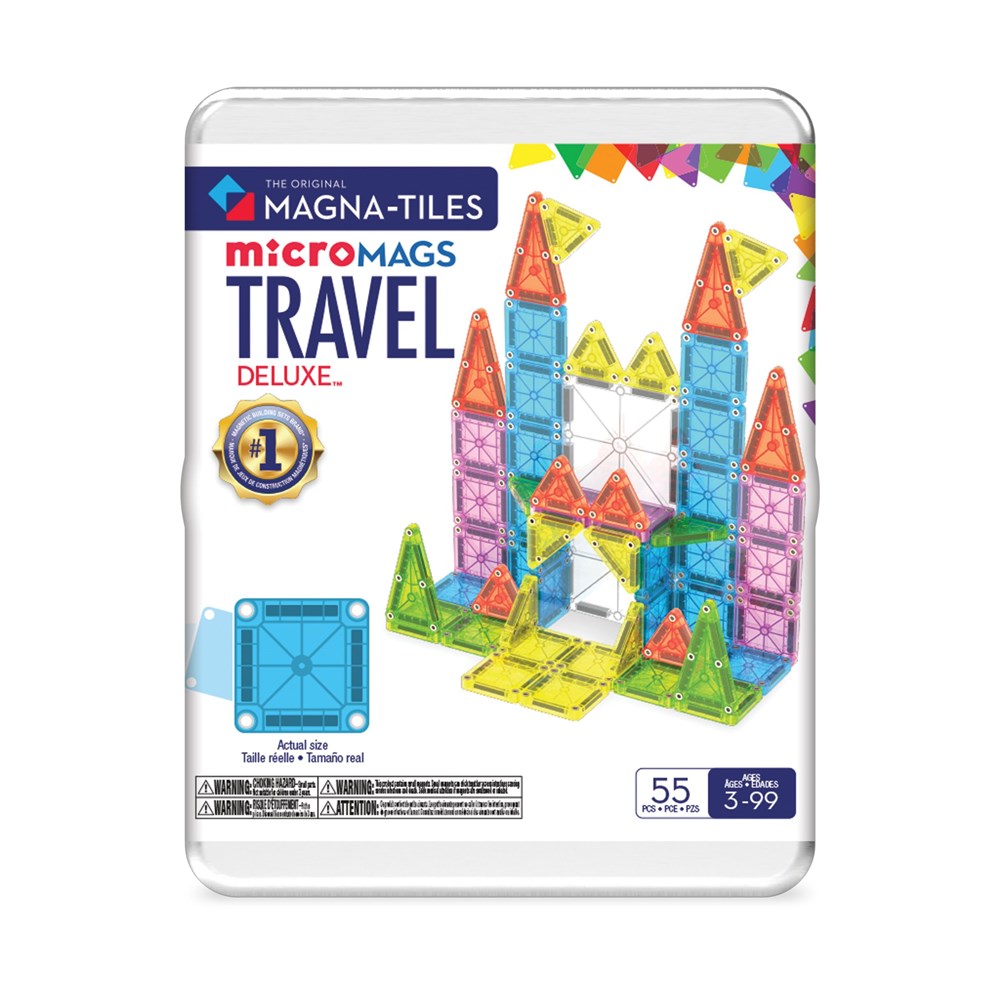Magna-Tiles microMAGS Travel Deluxe set packaging with colorful magnetic tiles 