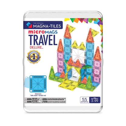 Magna-Tiles microMAGS Travel Deluxe set packaging with colorful magnetic tiles 