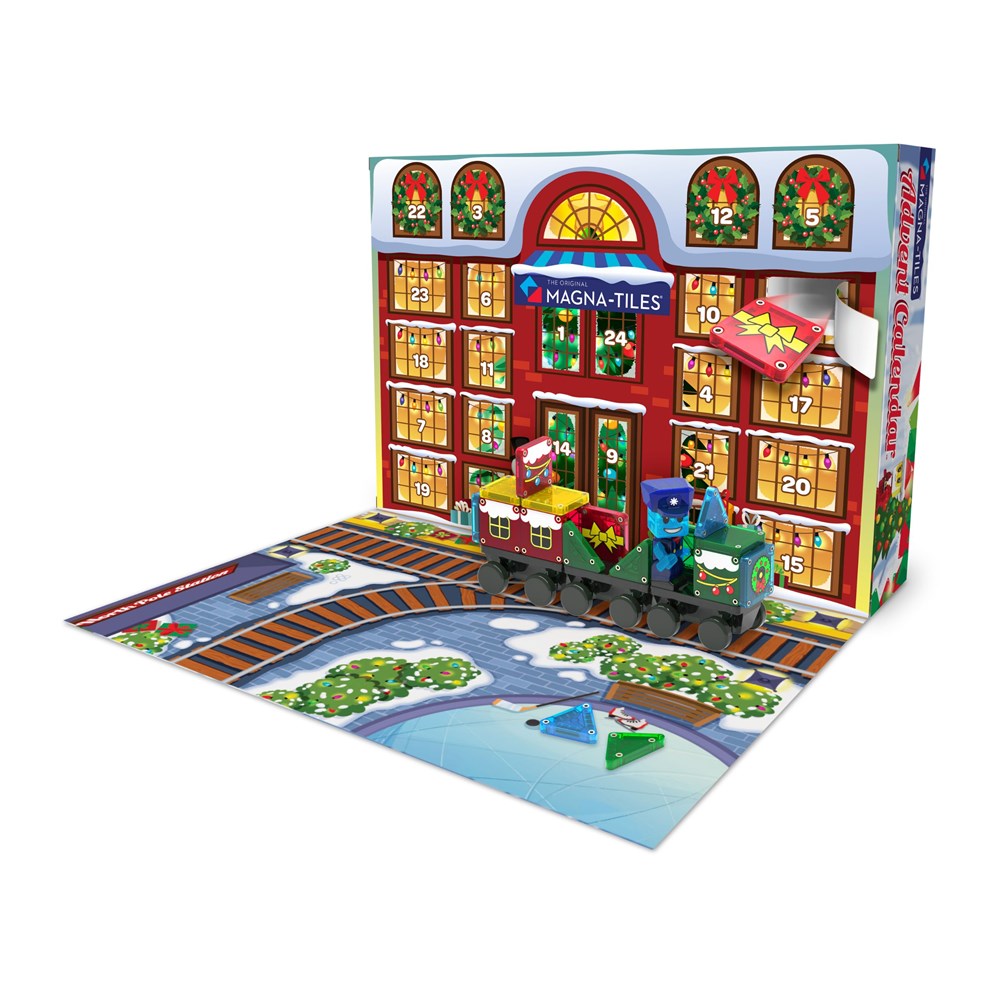 Magna-Tiles toy set with a cityscape building and play mat 