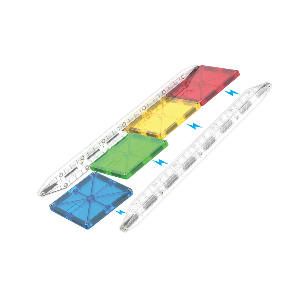 Colorful geometric shapes on a transparent base with blue arrows indicating movement or connection