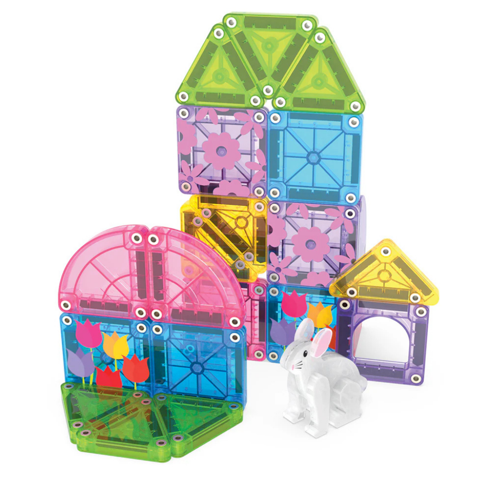 Colorful magnetic building blocks set with a small white rabbit figurine 