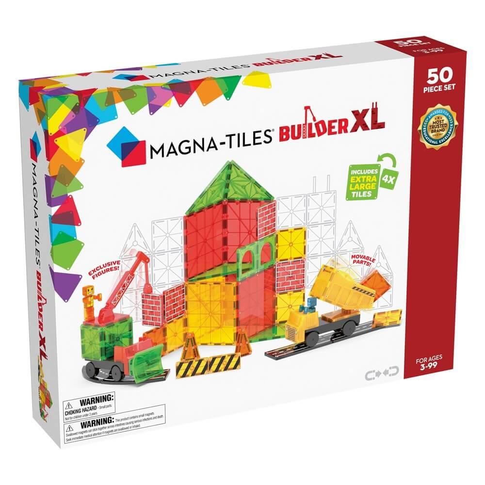 Magna-Tiles Builder XL packaging with colorful magnetic building tiles and tools 