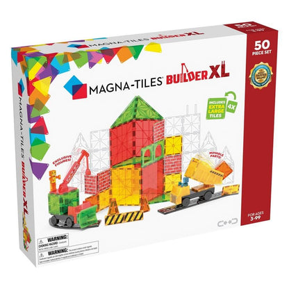 Magna-Tiles Builder XL packaging with colorful magnetic building tiles and tools 