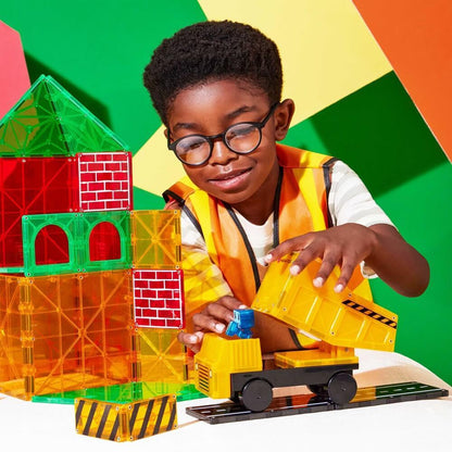 Child playing with colorful building blocks