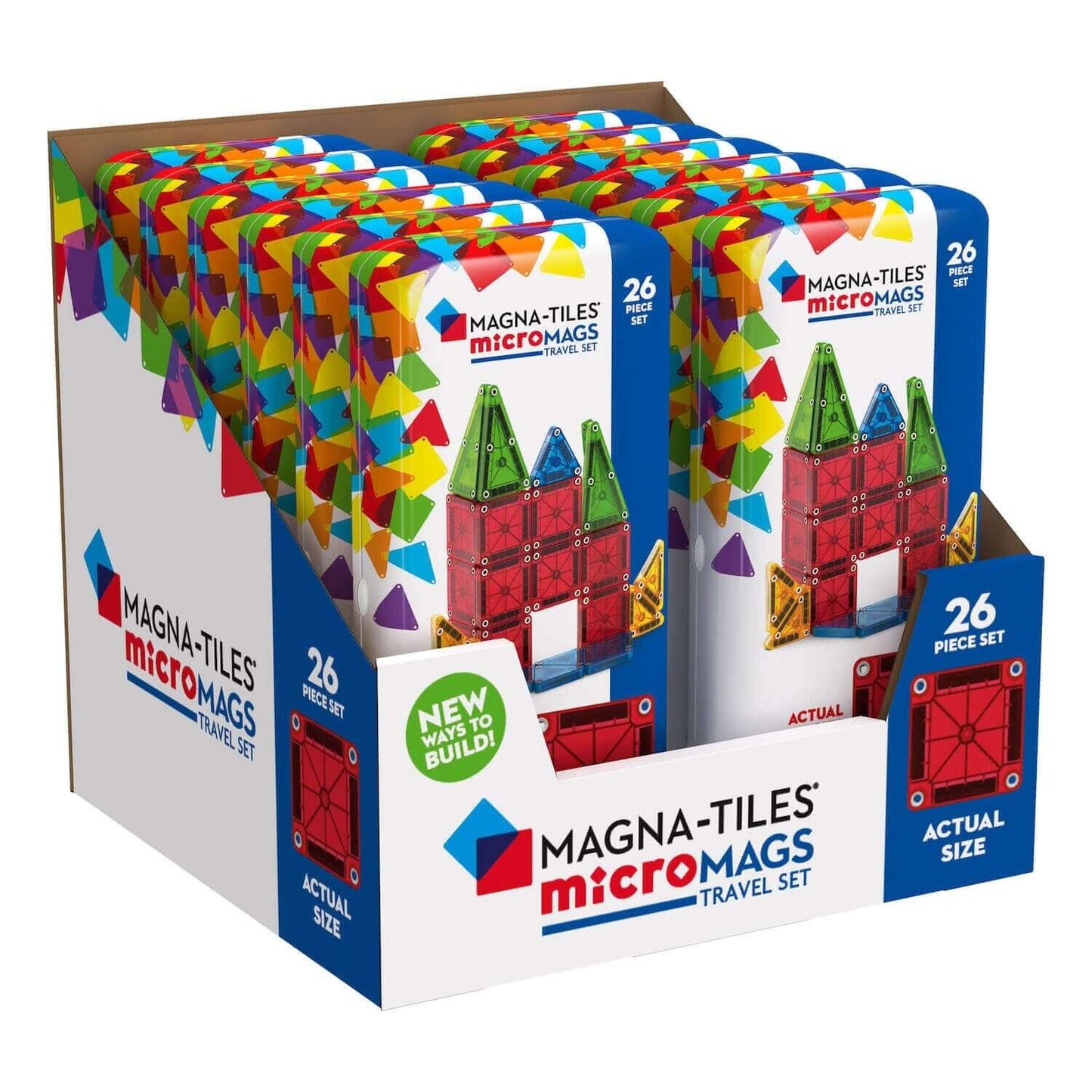 Display of Magna-Tiles micromags travel sets with colorful magnetic tiles 