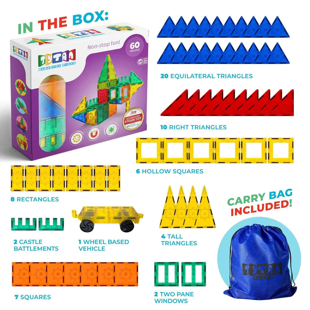 LEGO-like building block set with packaging, pieces, and carrying bag