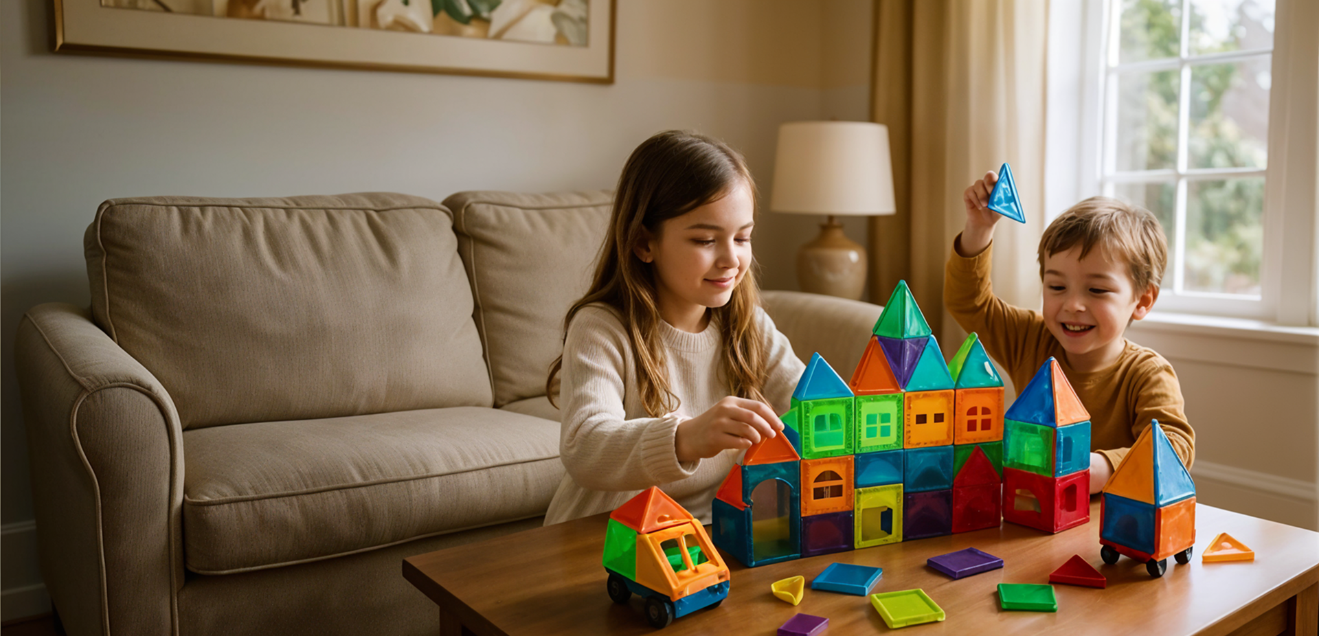Two children playing with colorful magnetic blocks 