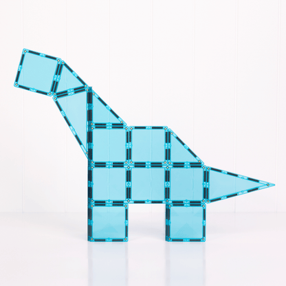 Blue dinosaur model made from interlocking tiles 