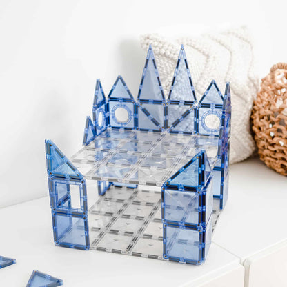Blue magnetic building blocks forming a castle-like structure 