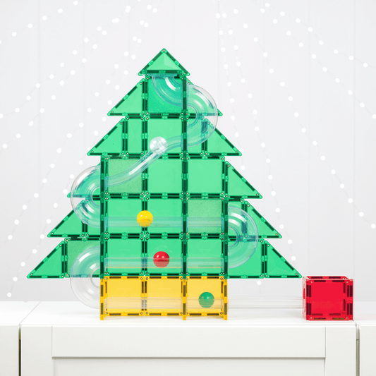 Christmas tree magnetic tile build made with Connetix festive magnetic tiles