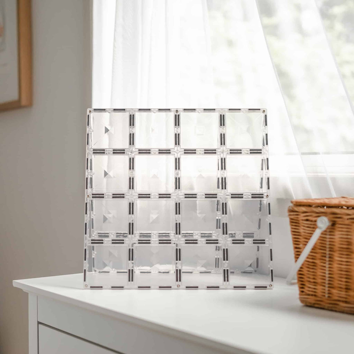 Clear acrylic organizer with black geometric pattern 