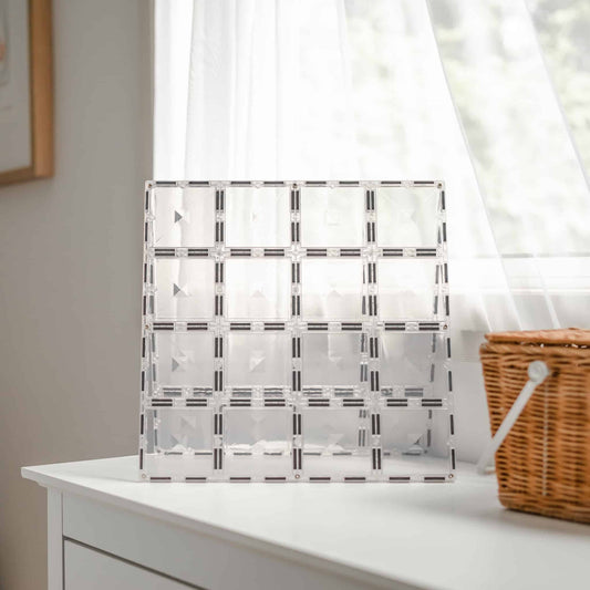 Clear acrylic organizer with black geometric pattern 