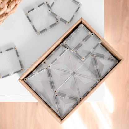 Clear geometric coasters in a wooden box