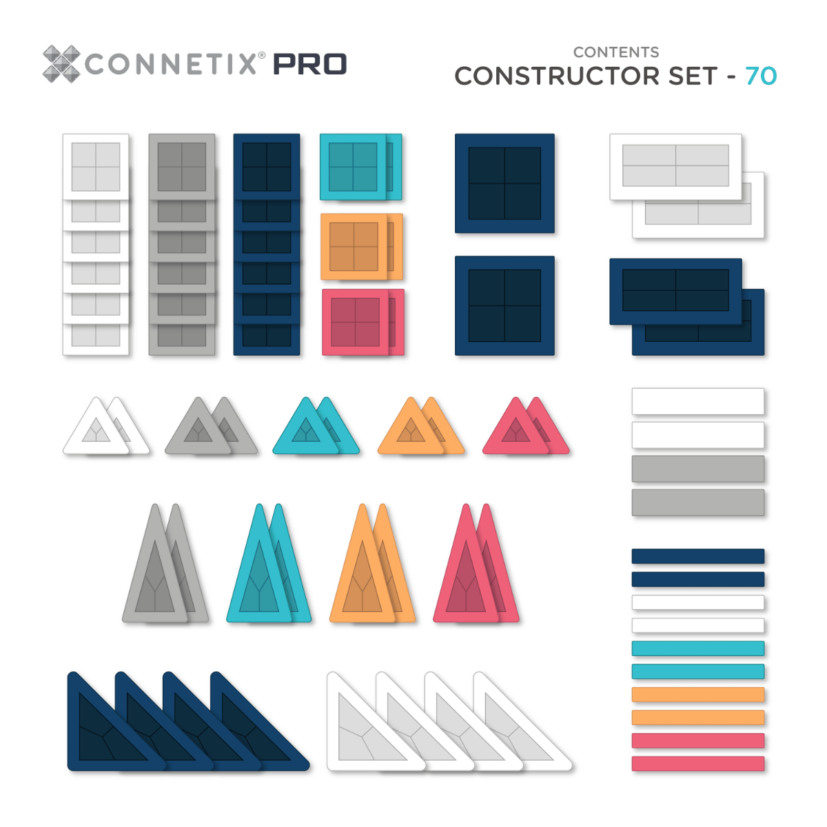 Collection of colorful geometric building blocks with Connetix Pro branding 