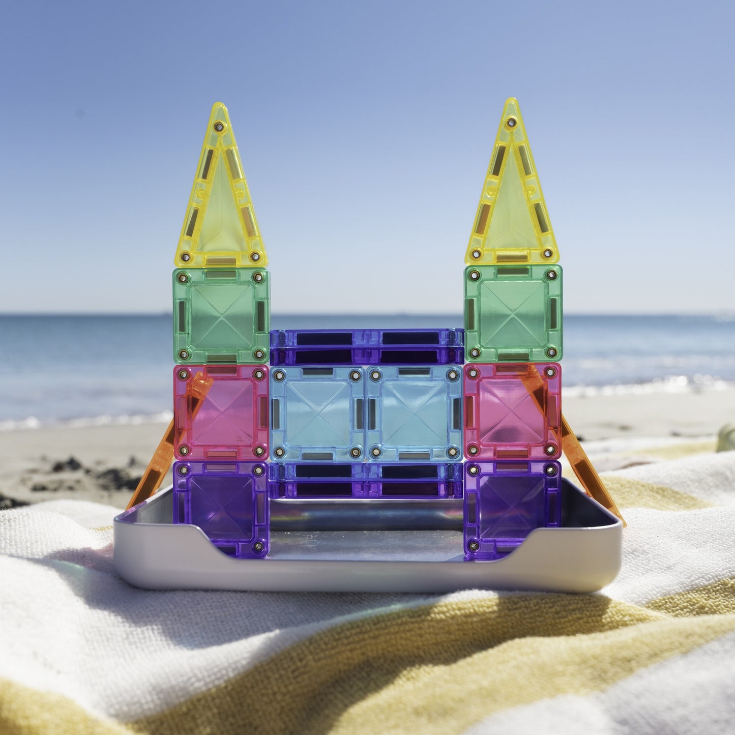 A colorful magnetic tile castle toy 