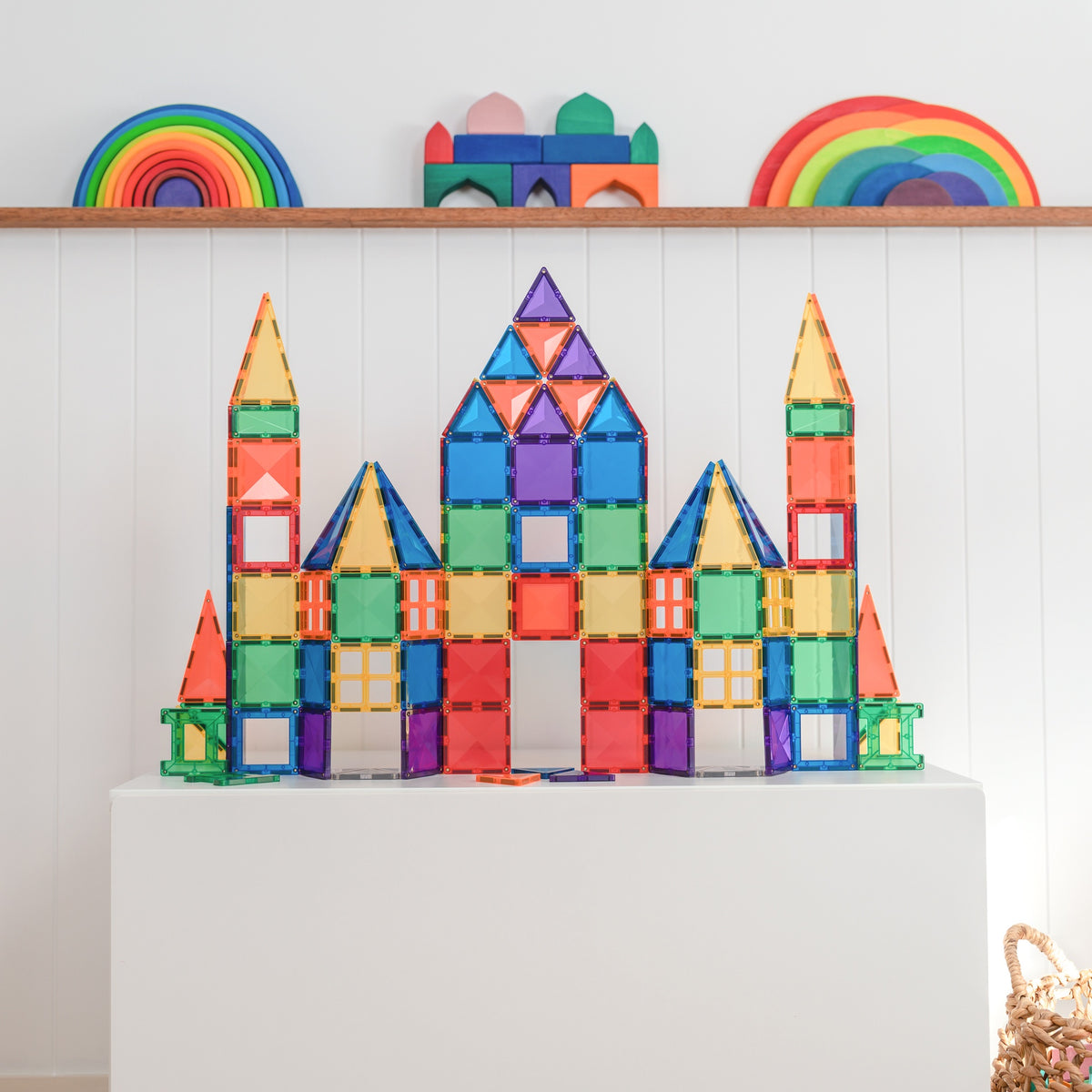  colorful magnetic tile tower with Connetix magnetic tiles