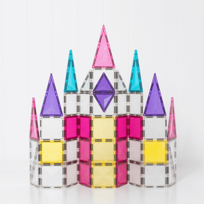 Colorful castle model made from interlocking bricks