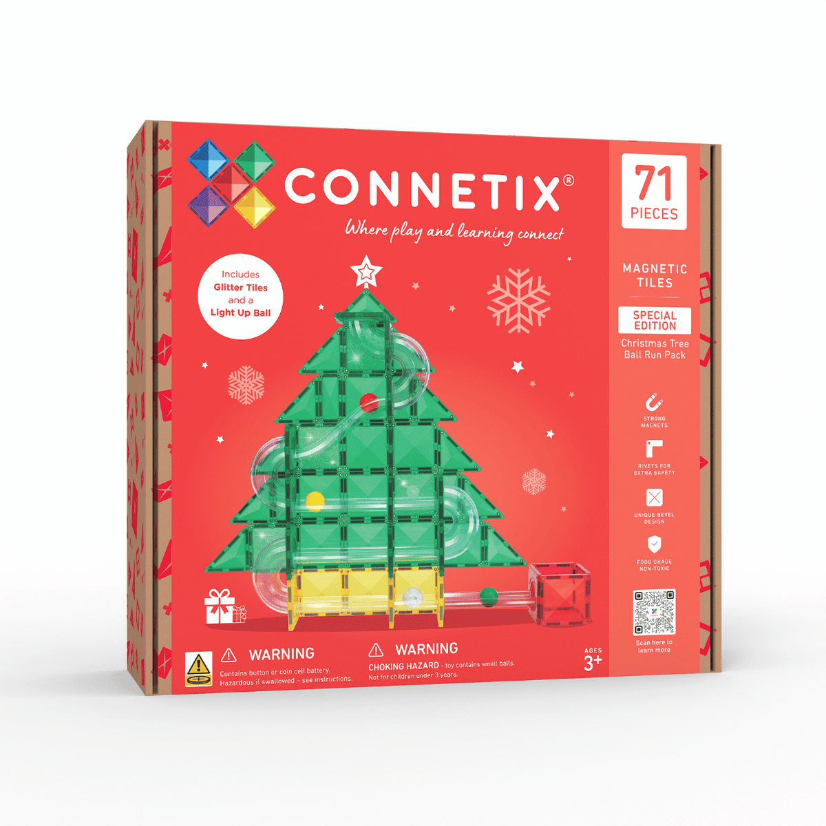 Connetix Christmas Magnetic Tiles Set 71 Piece packaging with festive tree design