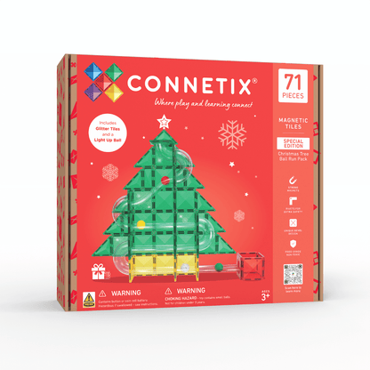 Connetix Christmas Magnetic Tiles Set 71 Piece packaging with festive tree design