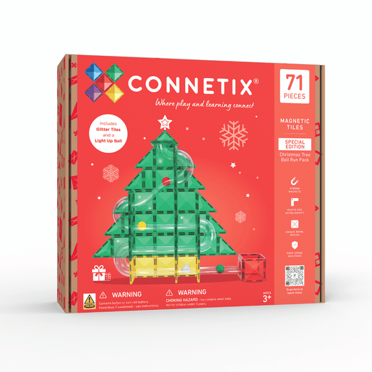 Connetix Christmas Magnetic Tiles Set 71 Piece packaging with festive tree design