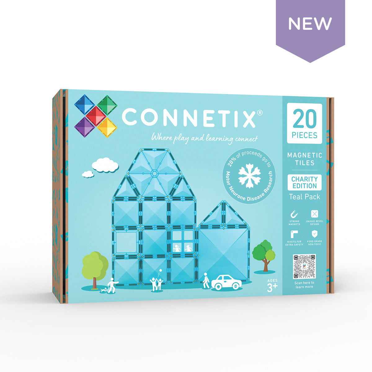 Connetix magnetic tiles packaging with blue house design