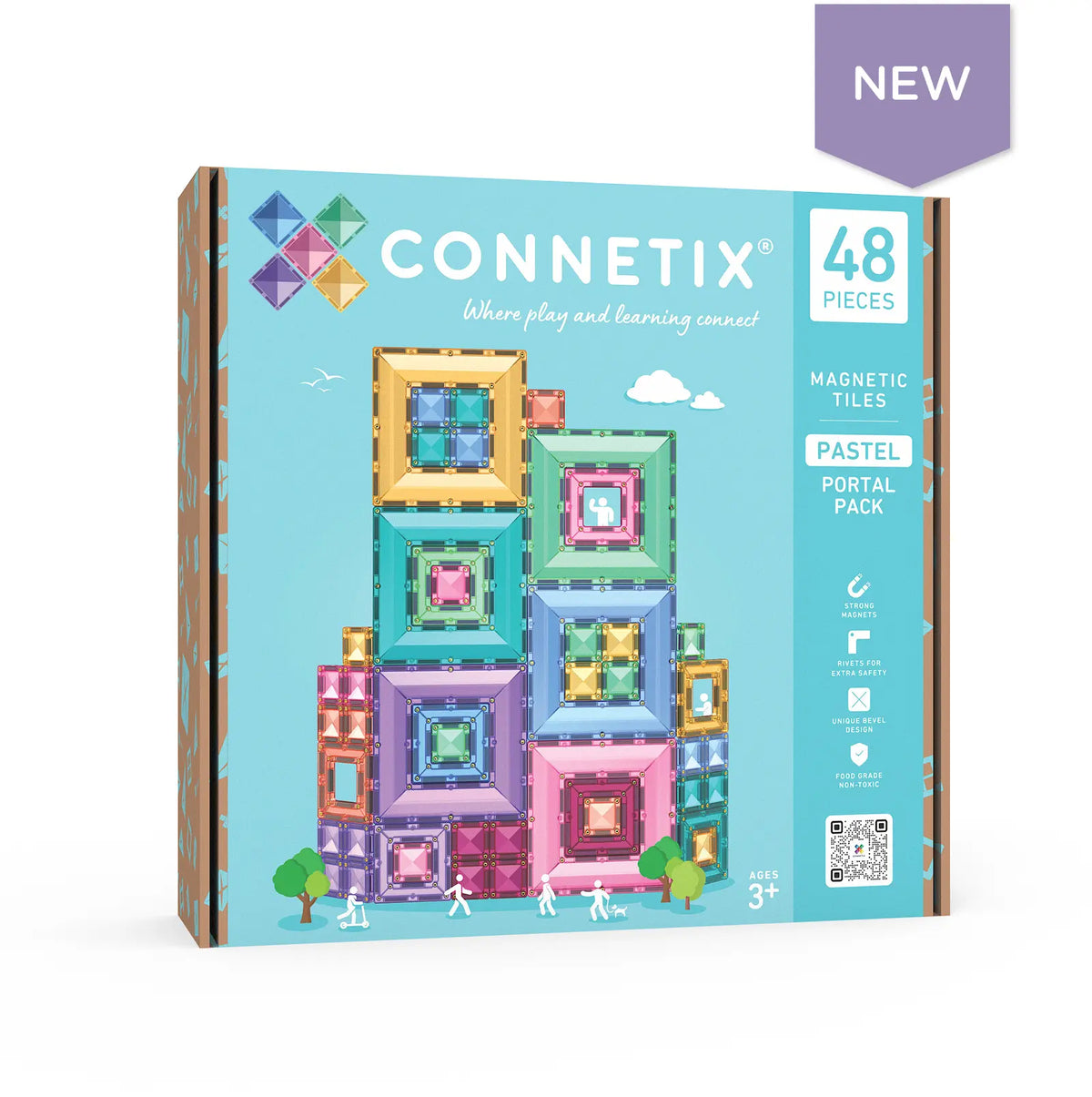Connetix magnetic tiles packaging with colorful tiles 