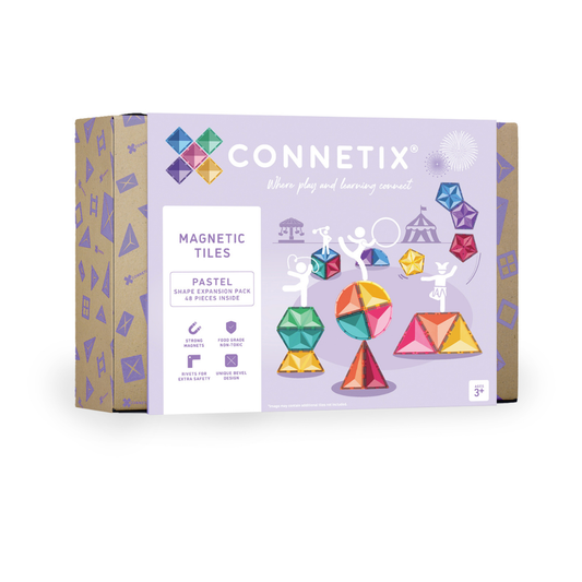 Connetix magnetic tiles packaging with colorful geometric shapes 