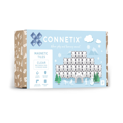 Connetix magnetic tiles packaging with a snowy scene design 