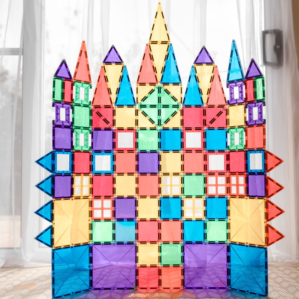Colorful magnetic tile castle built using Connetix Rainbow Creative Pack