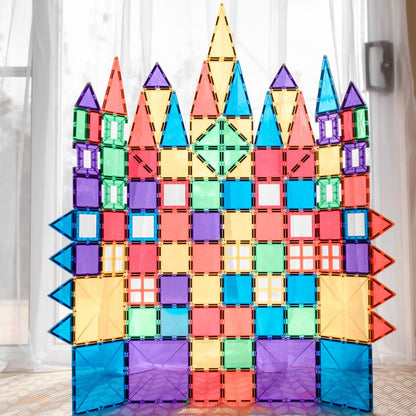 Colorful magnetic tile castle built using Connetix Rainbow Creative Pack