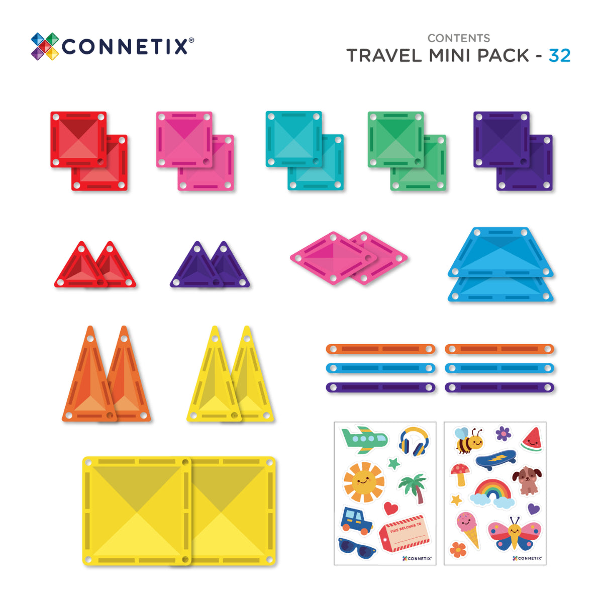 Connetix Travel Mini Pack contents display showing 32 colorful magnetic building tiles and stickers 