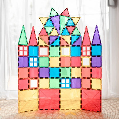 Colorful magnetic tile castle built using Connetix Rainbow Creative Pack