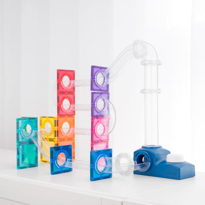 A colorful transparent plastic marble run toy set