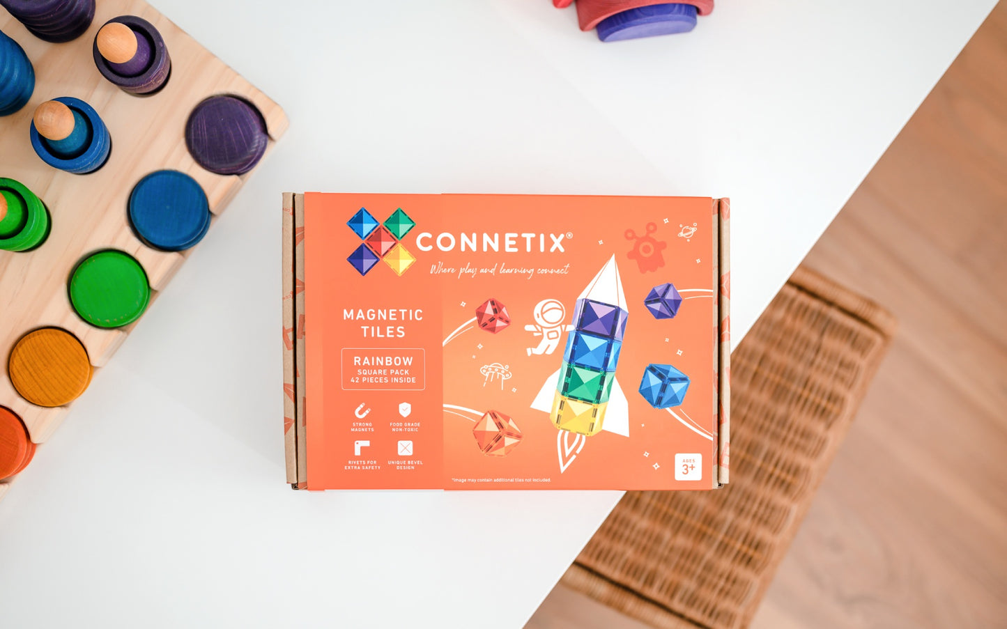 CONNETIX 42 Piece Rainbow Square Pack | Magnetic Tiles for Kids