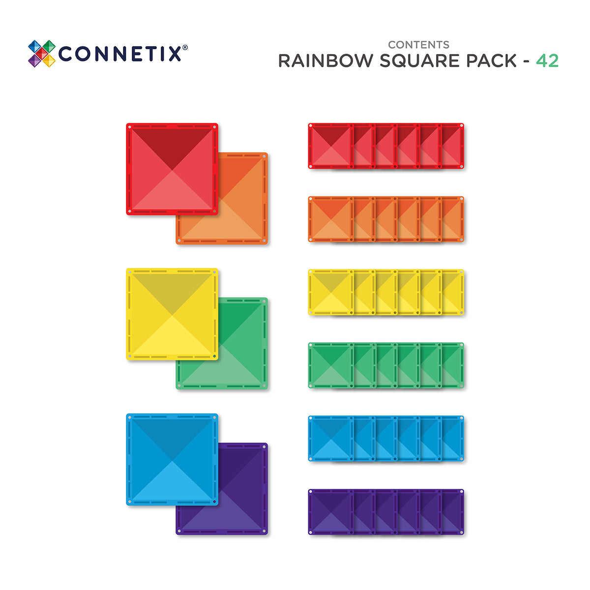 CONNETIX 42 Piece Rainbow Square Pack | Magnetic Tiles for Kids