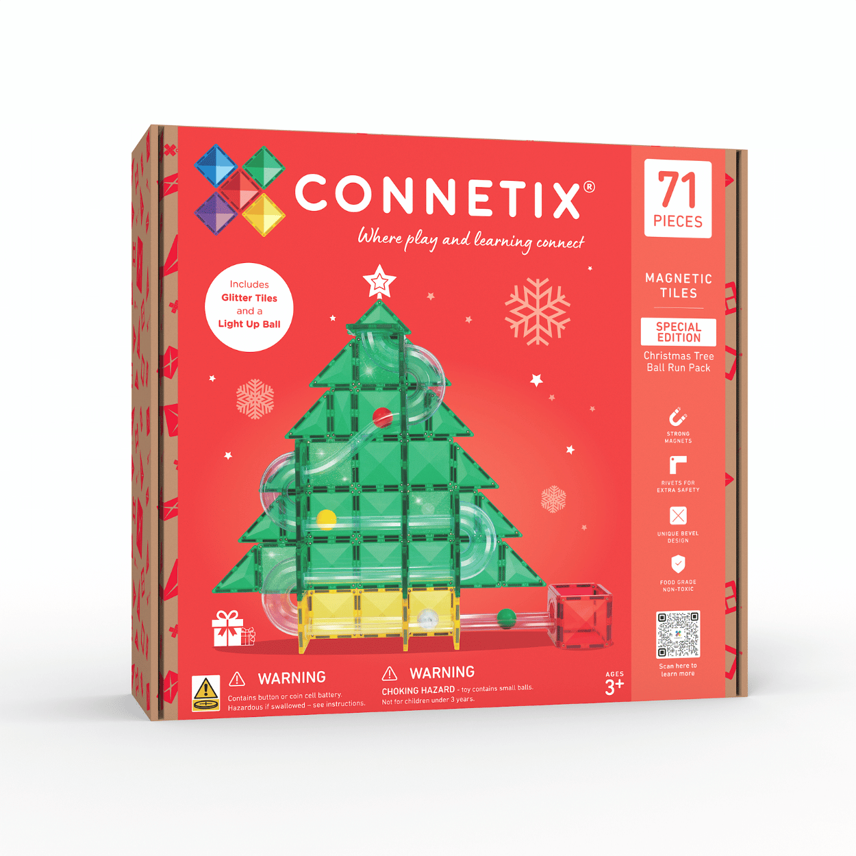 Connetix Christmas Magnetic Tiles Set 71 Piece packaging with festive tree design